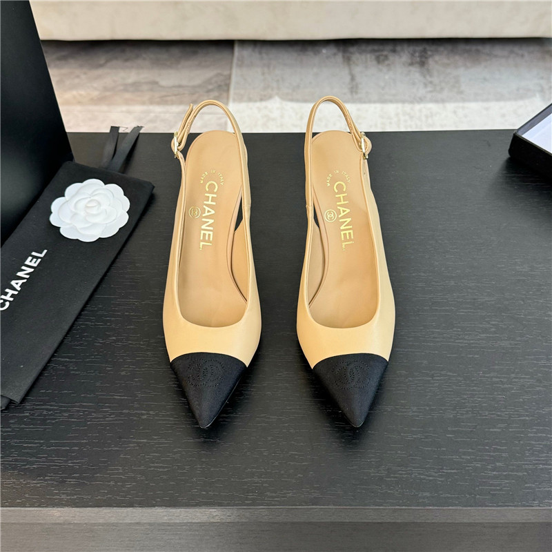 Ch**el pointed heel slingbacks in beige/black calfskin