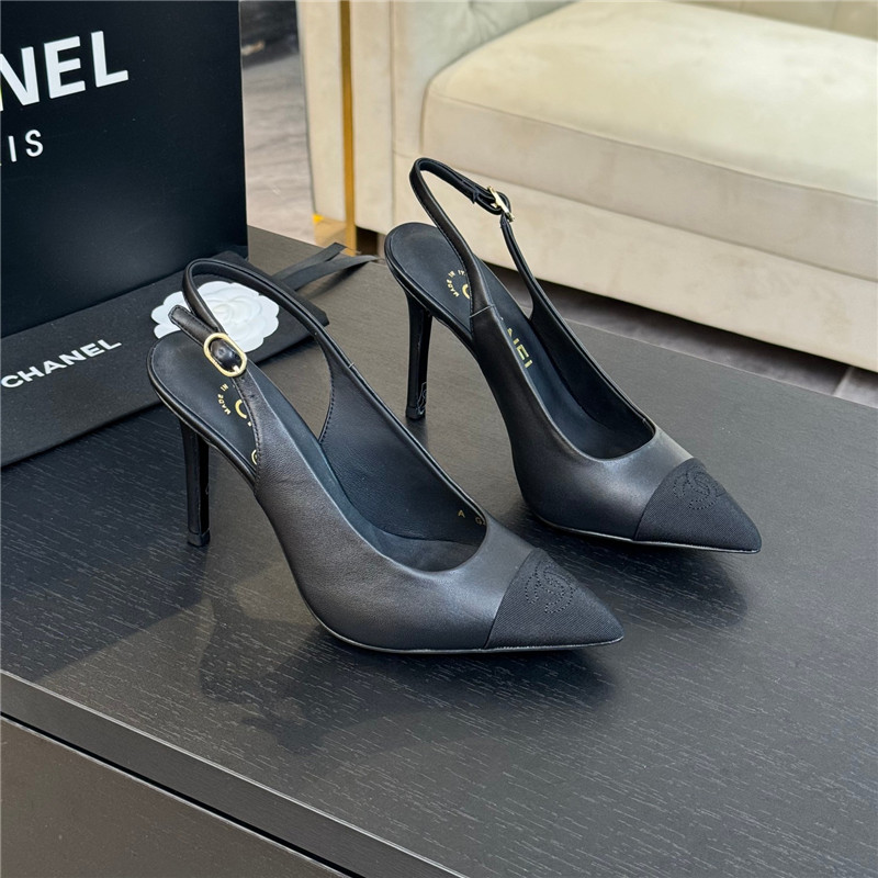 Ch**el pointed heel slingbacks in black leather/grosgrain