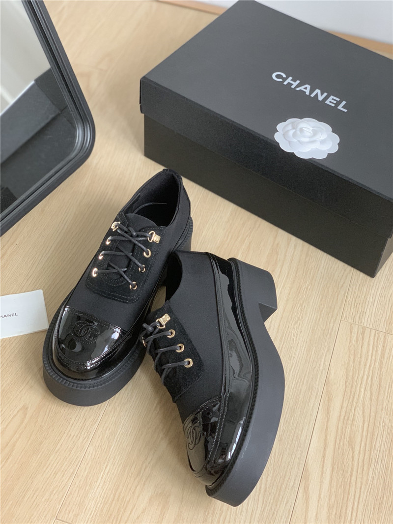 Ch**el black nylon suede patent calfskin lace-up oxfords