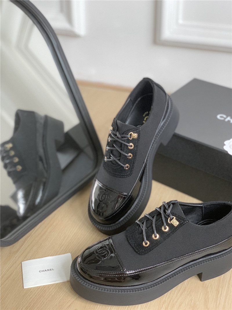 Ch**el black nylon suede patent calfskin lace-up oxfords