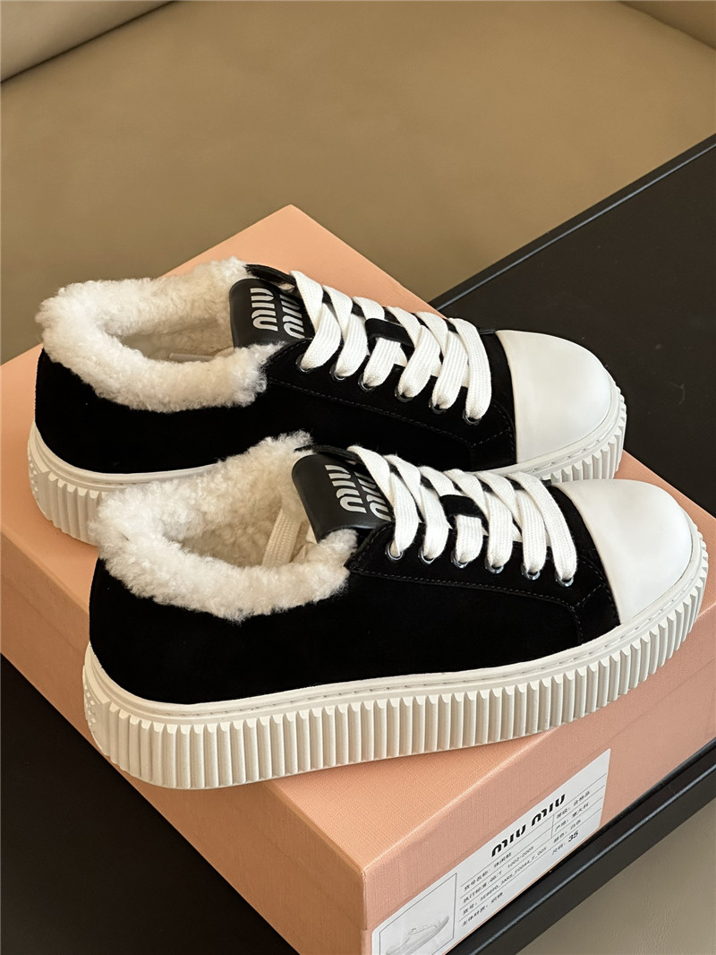 Miu Miu Shearling Lined Black Suede Sneakers