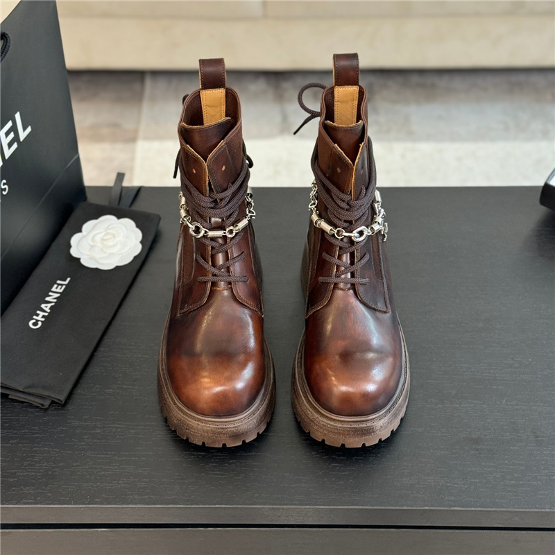 Ch**el brown calfskin chain lace-up boots