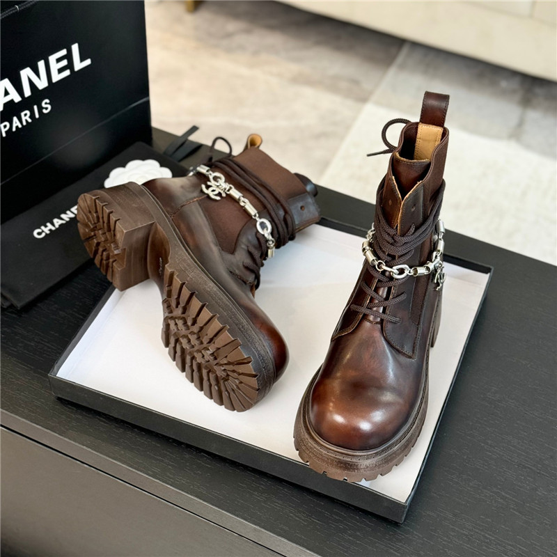 Ch**el brown calfskin chain lace-up boots