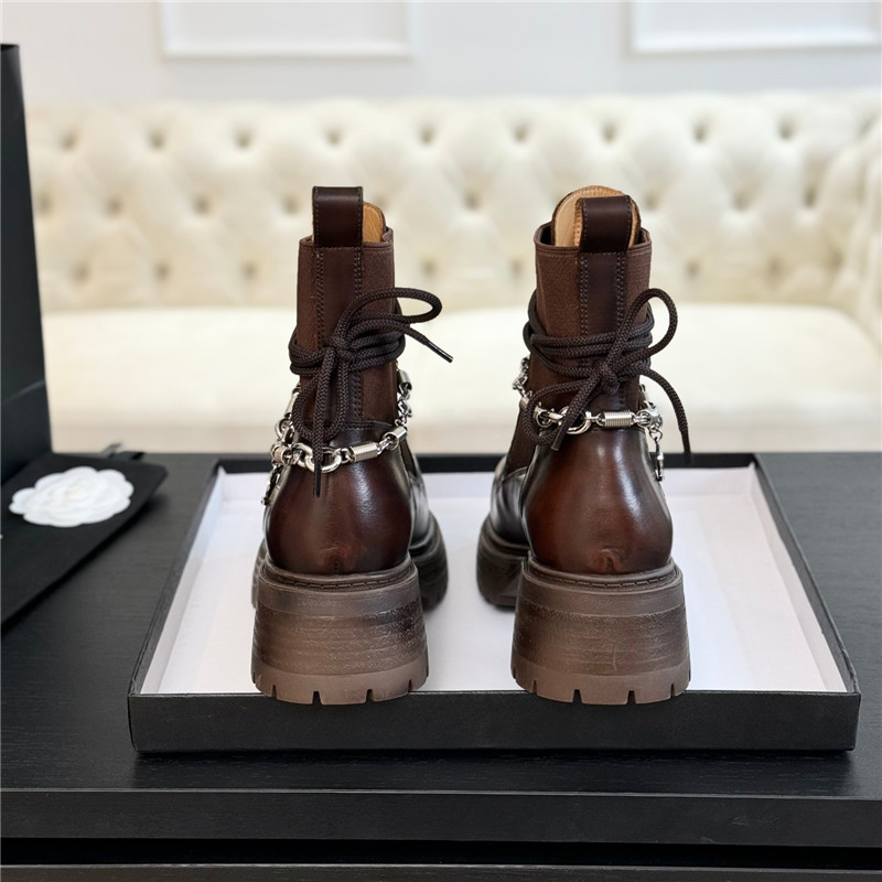 Ch**el brown calfskin chain lace-up boots