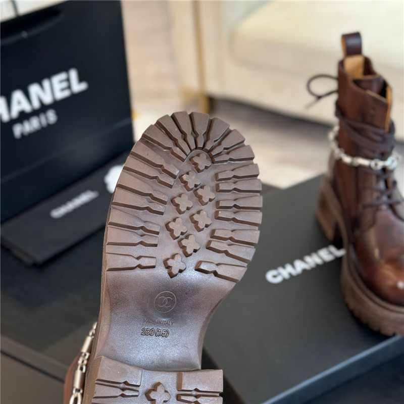 Ch**el brown calfskin chain lace-up boots