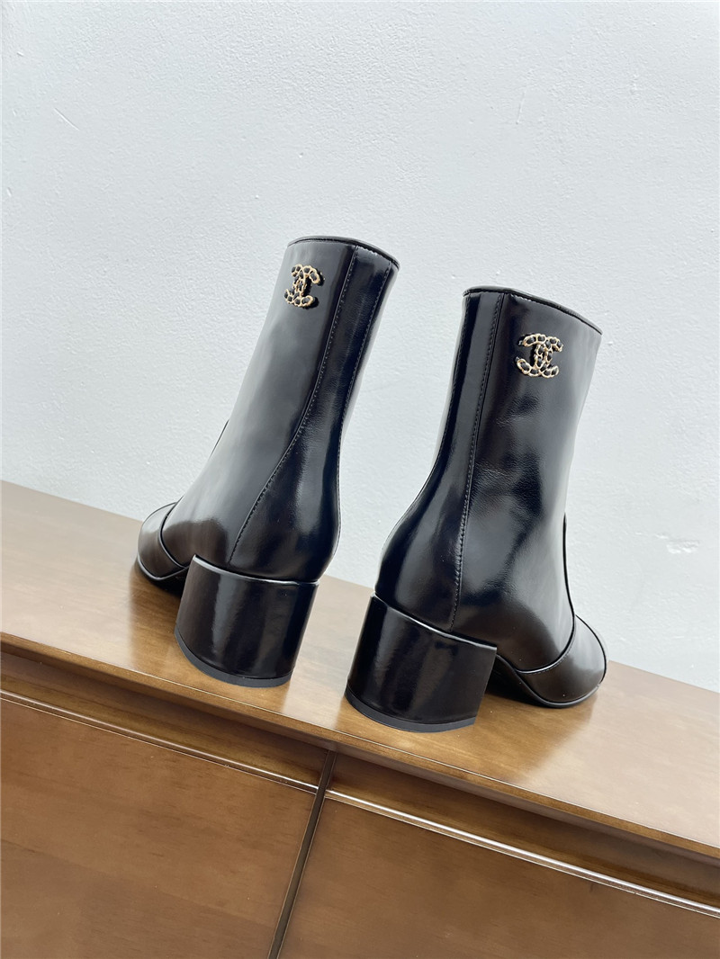 Ch**el black calfskin block heel round toe ankle boots