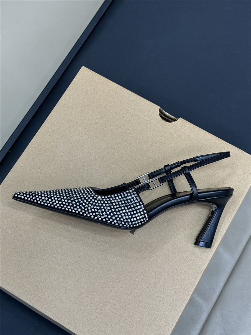 Sa1nt Lau*nt silver crystal satin slingbacks