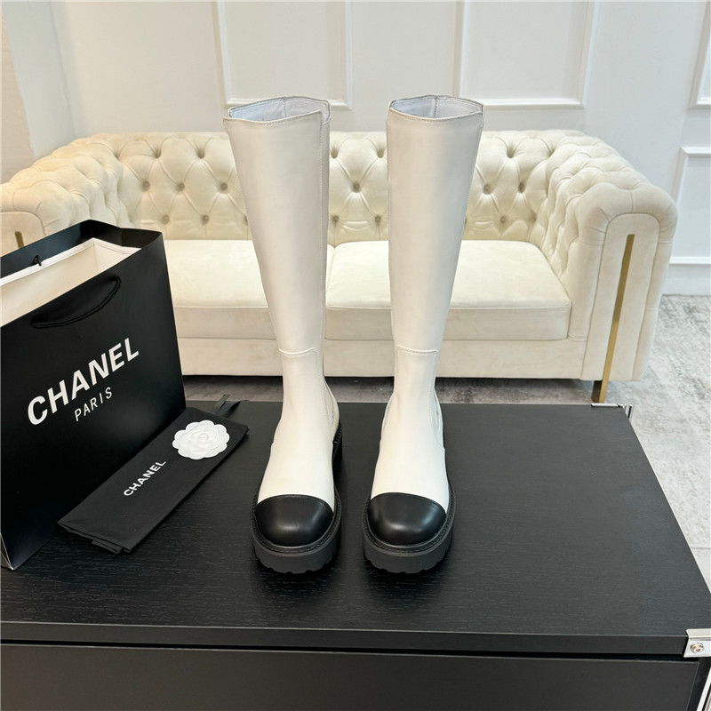 Ch**el white knee-high leather boots