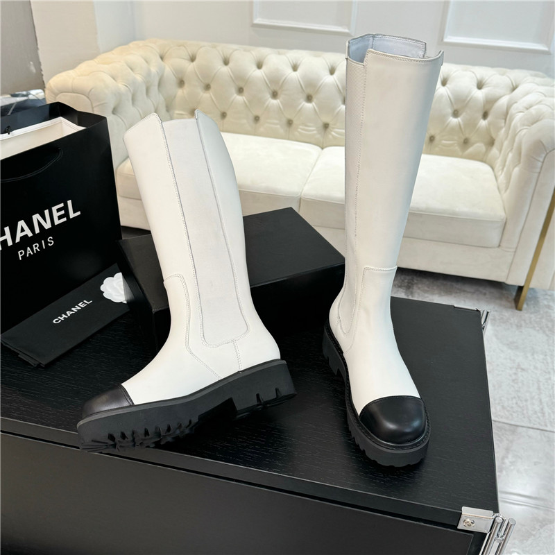 Ch**el white knee-high leather boots