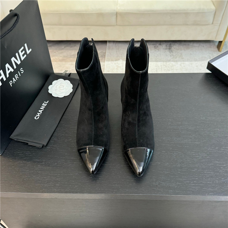 Ch**el black suede block heel ankle boots