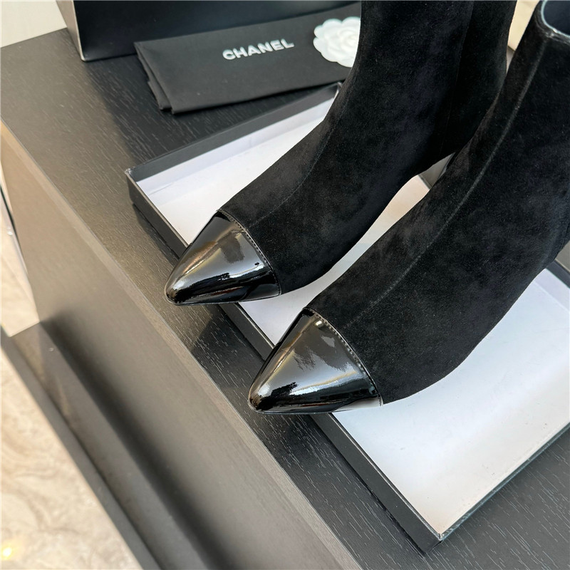 Ch**el black suede block heel ankle boots