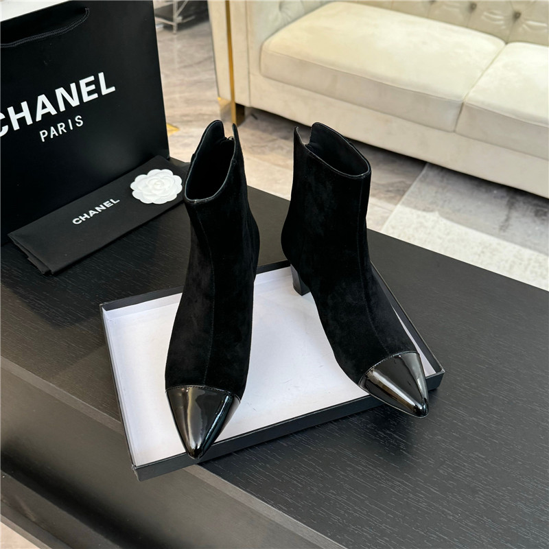Ch**el black suede block heel ankle boots