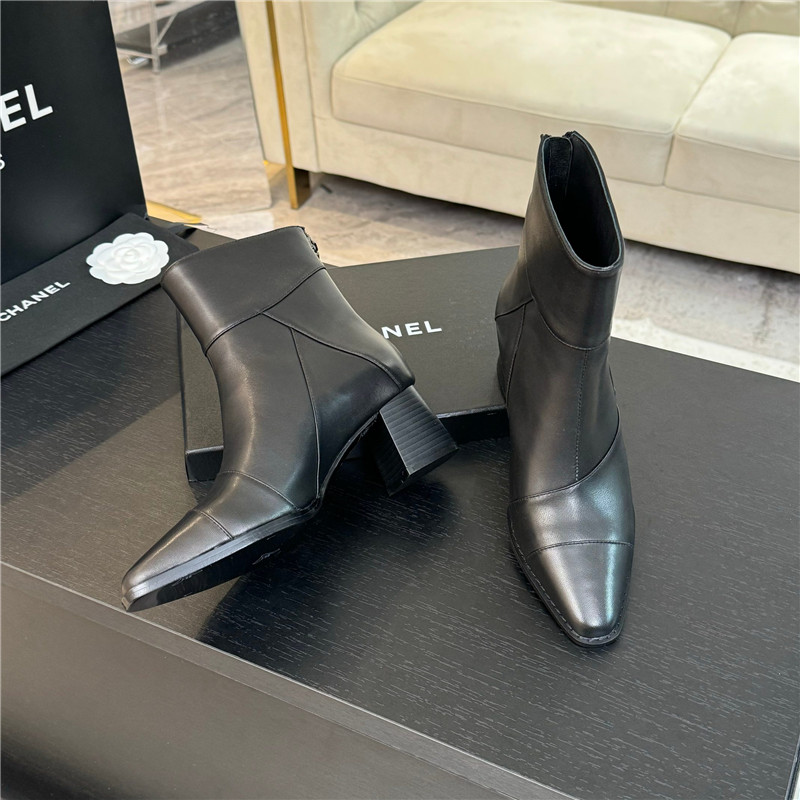 Ch**el black calfskin block heel ankle boots