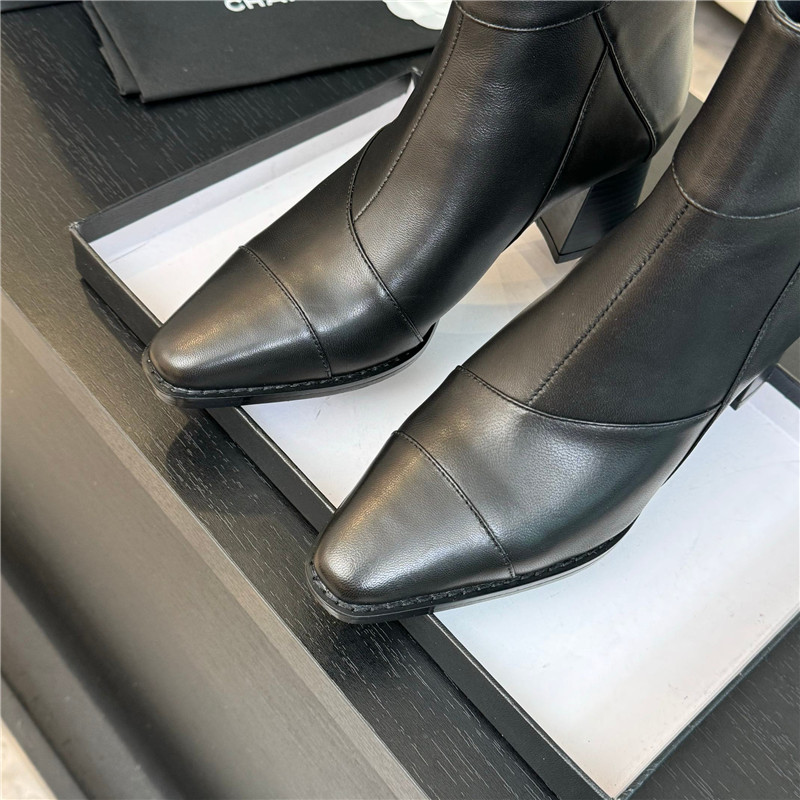 Ch**el black calfskin block heel ankle boots