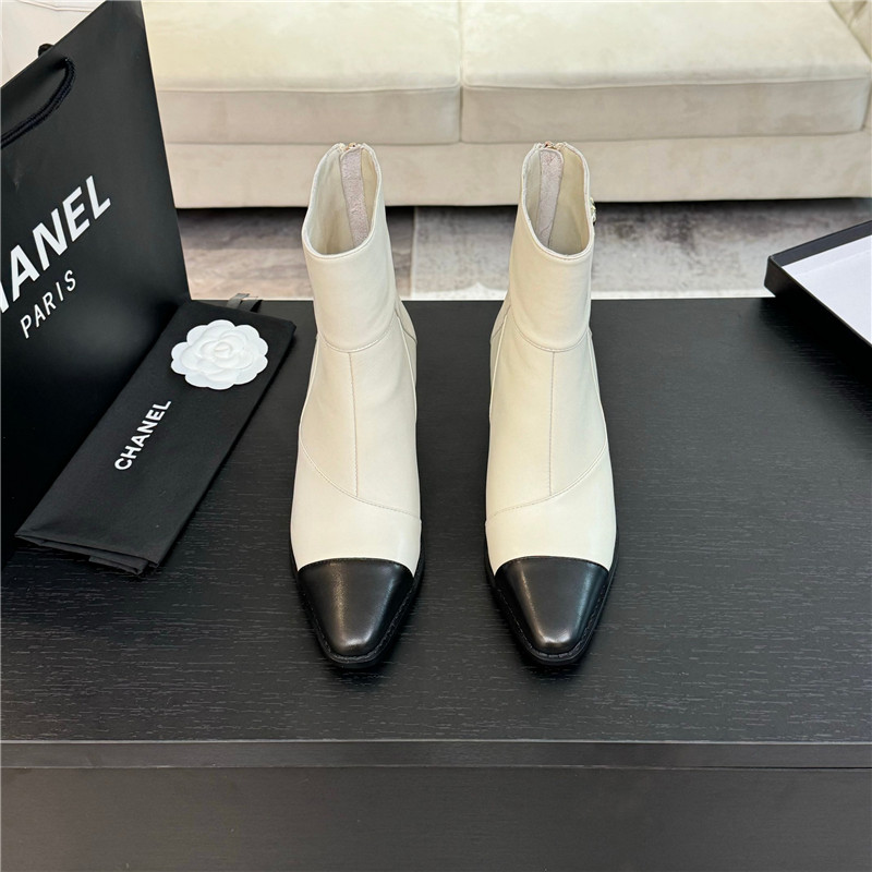 Ch**el block heel pointed toe calfskin ankle boots