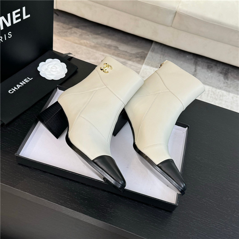 Ch**el block heel pointed toe calfskin ankle boots