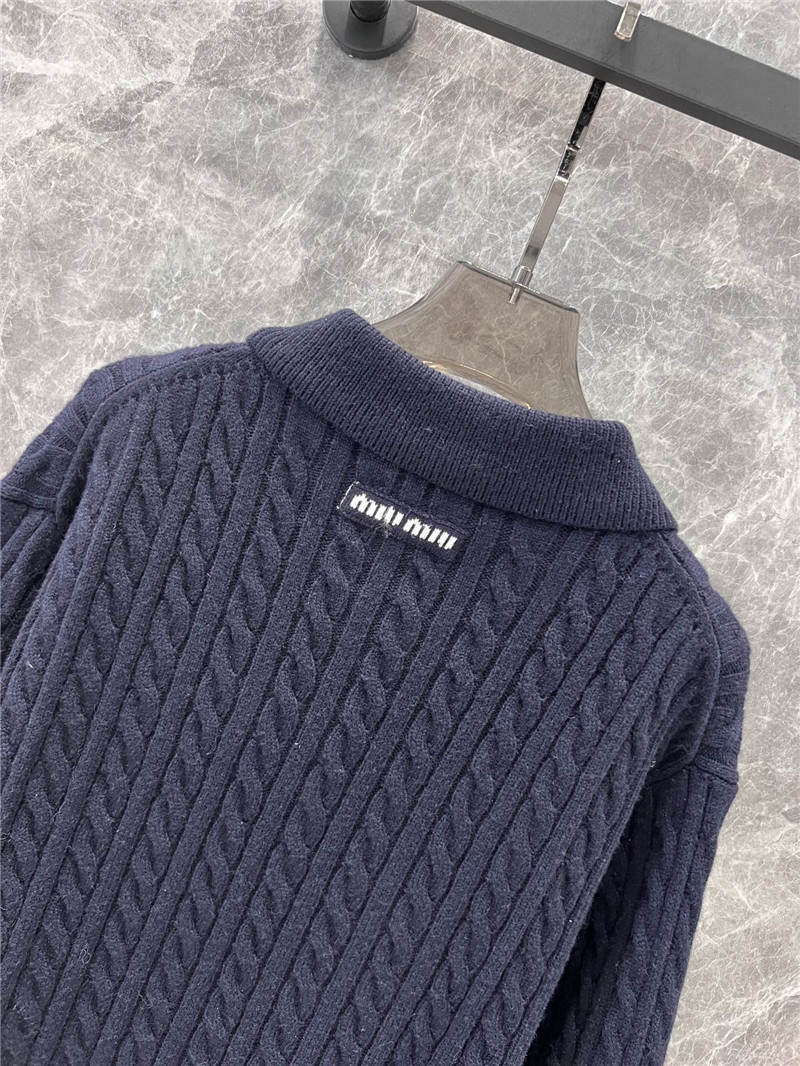 MIU MIU Navy Cable-Knit Polo Sweater