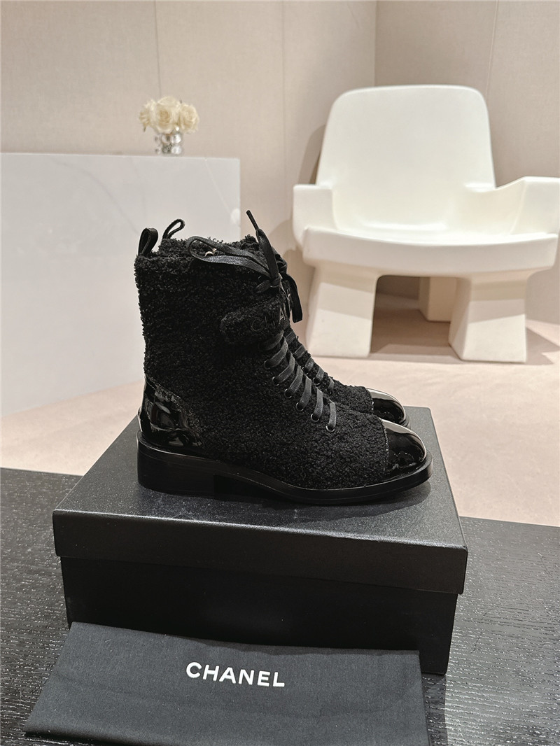Ch**el patent leather black wool lace-up boot
