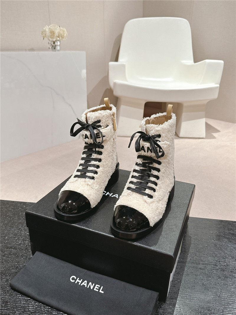 Ch**el patent leather wool lace-up boot for women