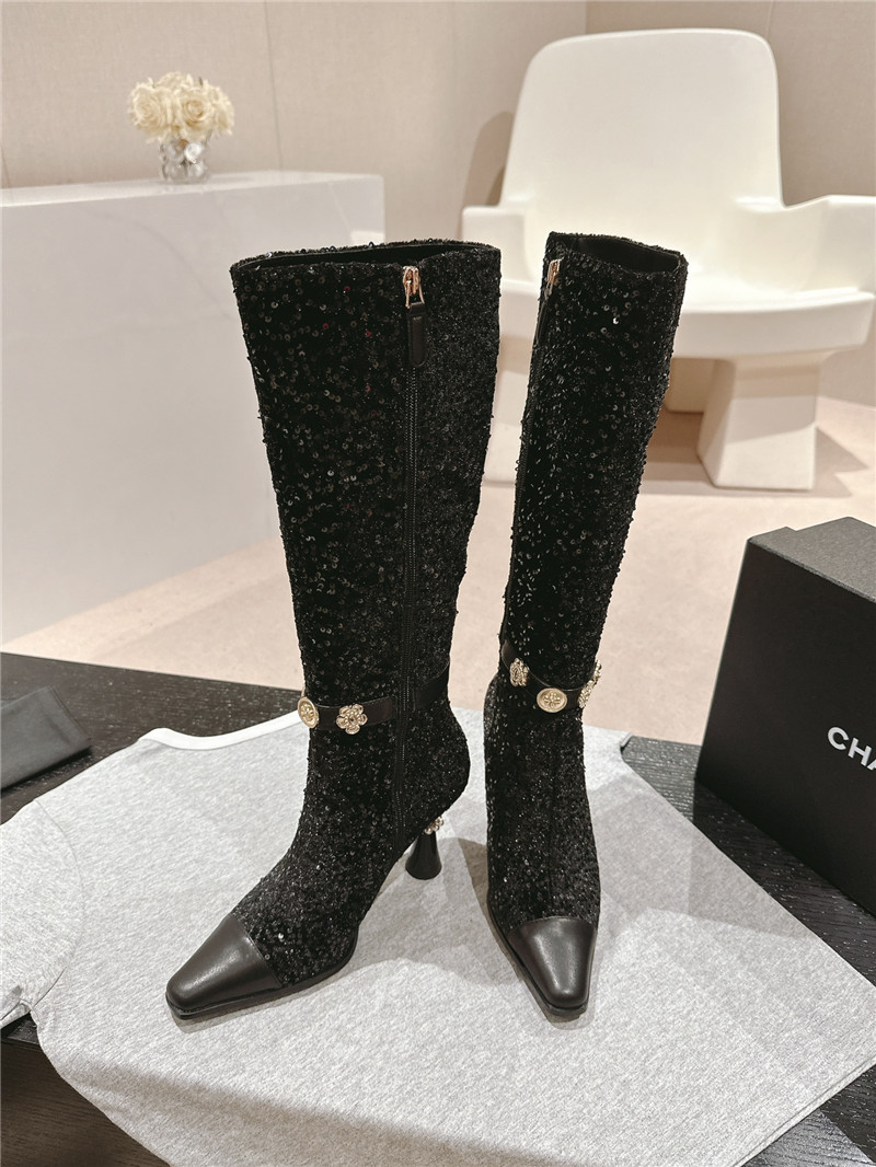 Ch**el sequin calfskin over-the-knee heel boots