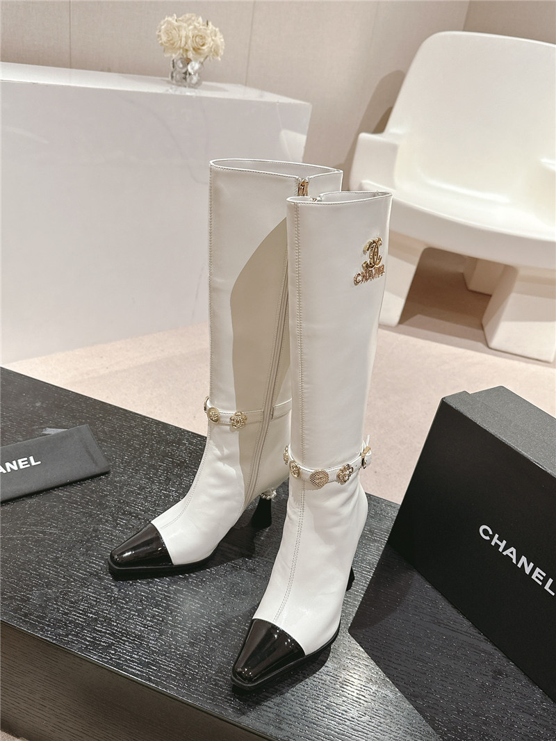 Ch**el white calfskin over-the-knee heel boots