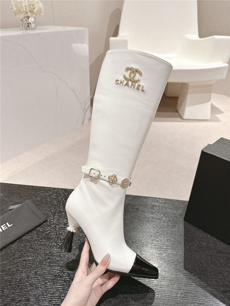 Ch**el white calfskin over-the-knee heel boots