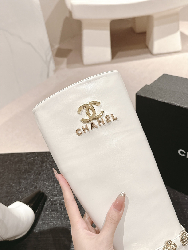 Ch**el white calfskin over-the-knee heel boots