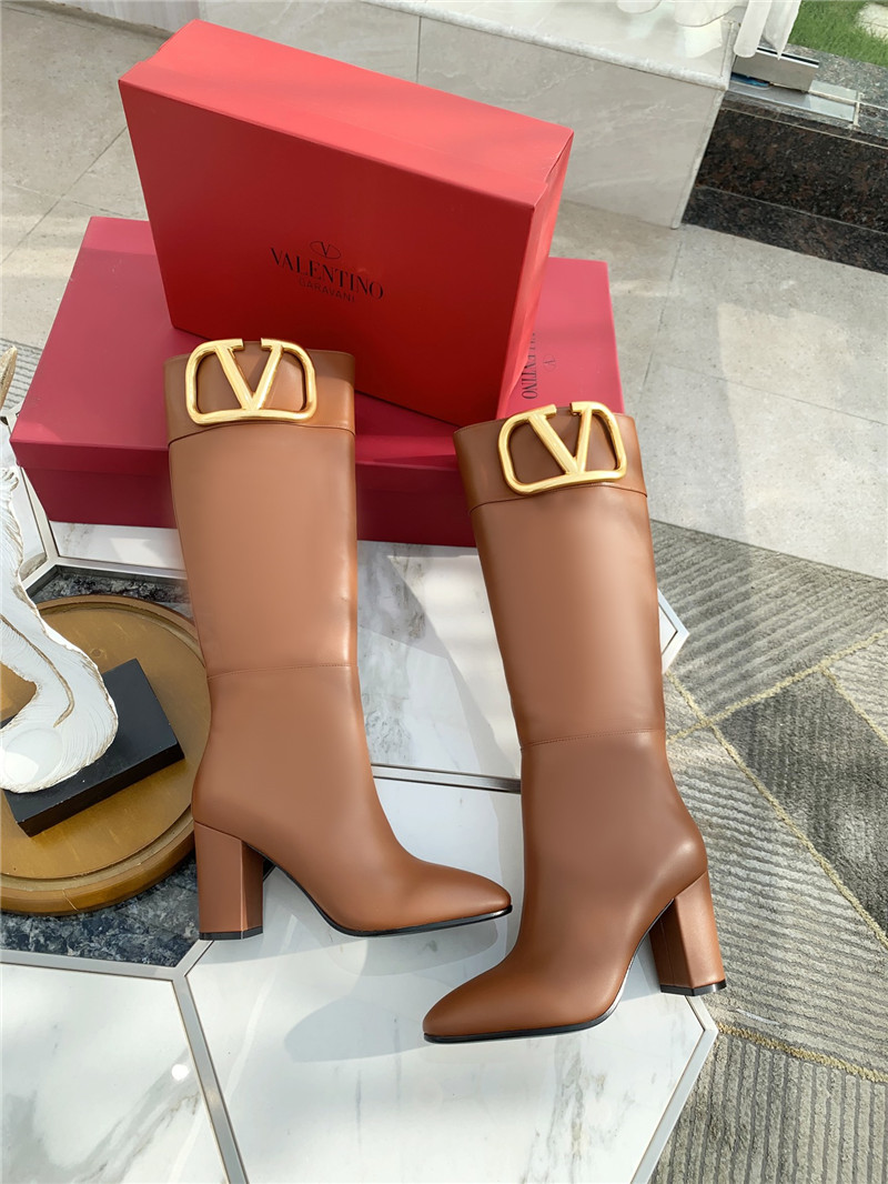 Va1e*ntin0 brown calfskin vlogo knee high boots