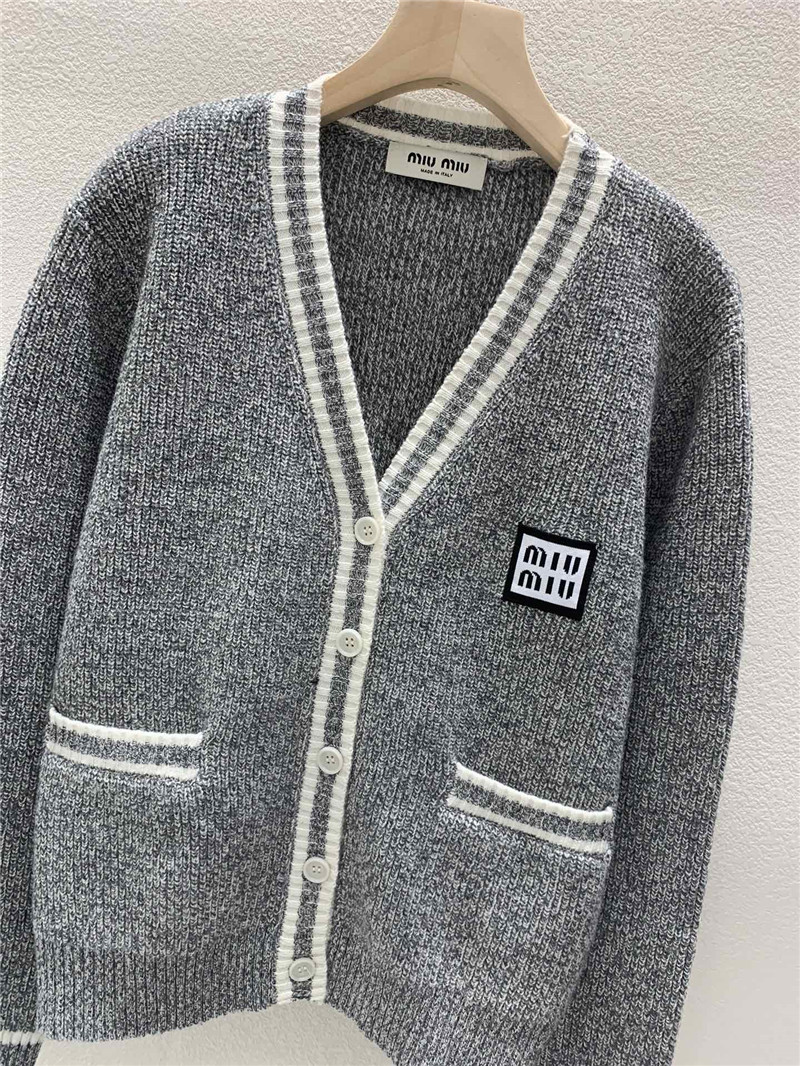 Miu Miu Trim V-Neck Rib Knit Cardigan Grey