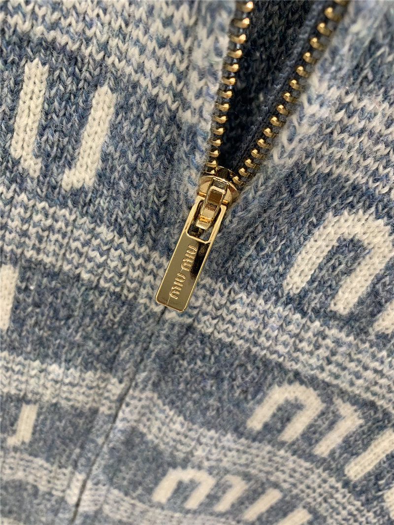 Miu Miu Logo-Intarsia Zip-Up Cardigan in Blue