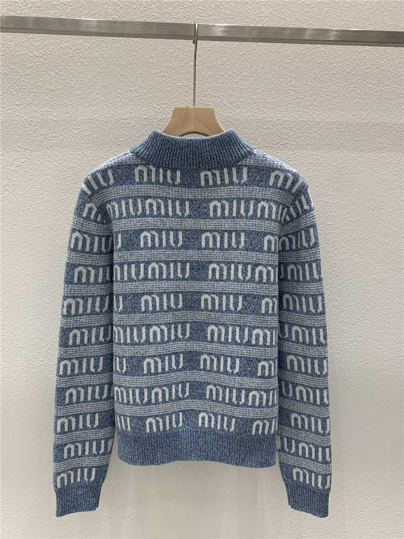 Miu Miu Logo-Intarsia Zip-Up Cardigan in Blue