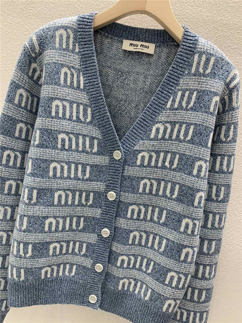 Miu Miu Logo-Intarsia Wool Cardigan in Blue