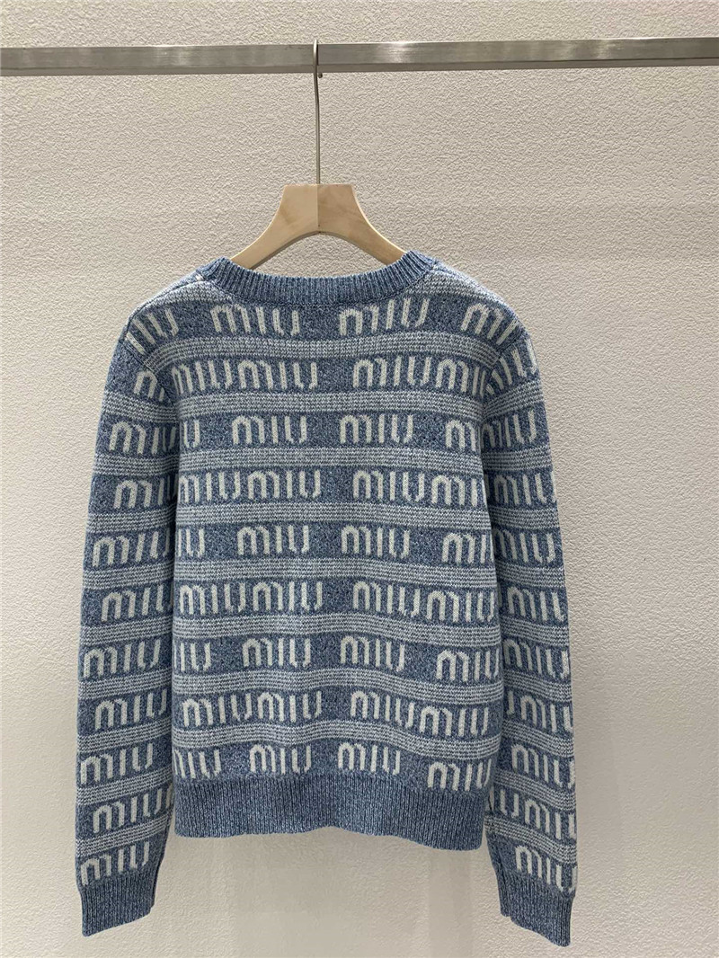 Miu Miu Logo-Intarsia Wool Cardigan in Blue