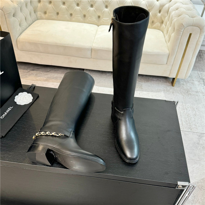 Ch**el calfskin metal chain knee high boots