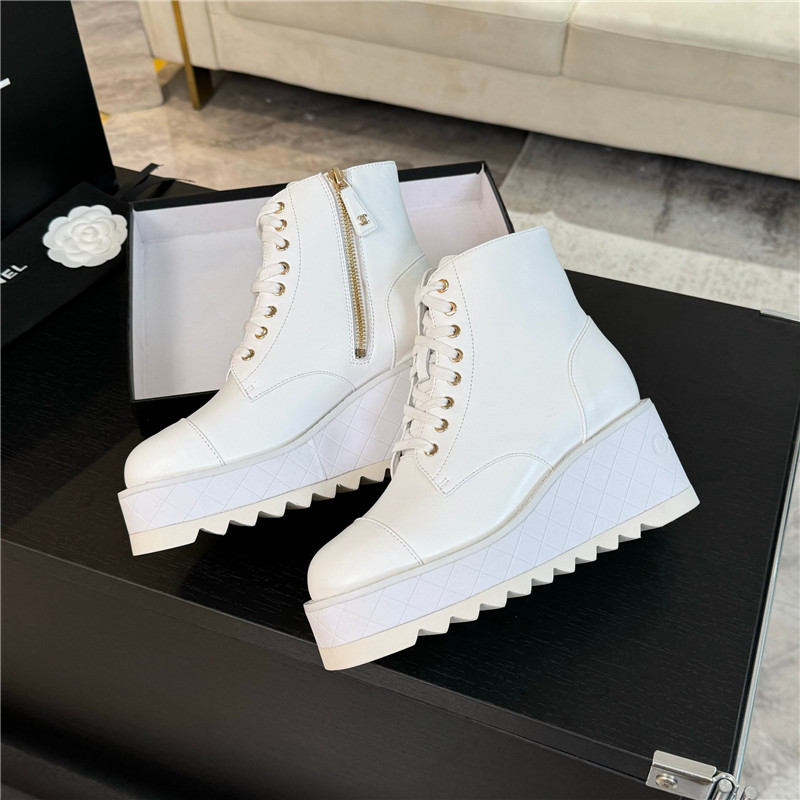 Ch**el white lambskin quilted lace-up wedge ankle boots