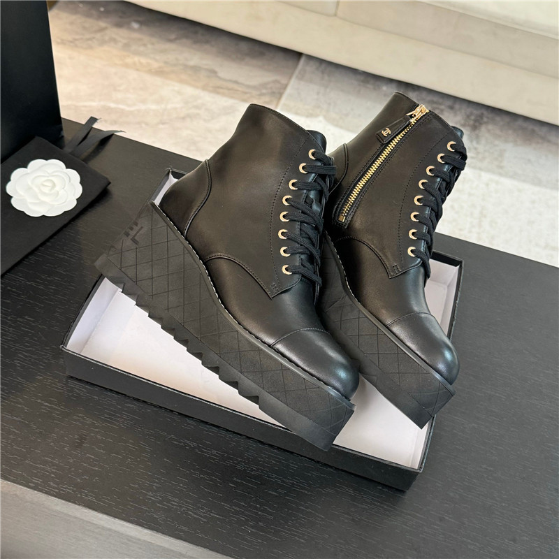 Ch**el black lambskin quilted lace-up wedge ankle boots