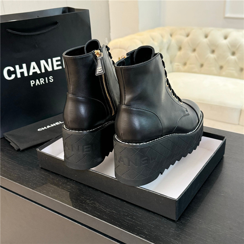 Ch**el black lambskin quilted lace-up wedge ankle boots