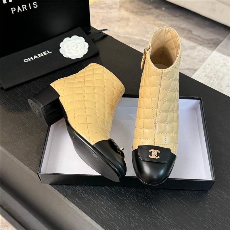 Ch**el beige quilted pattern lambskin ankle boots