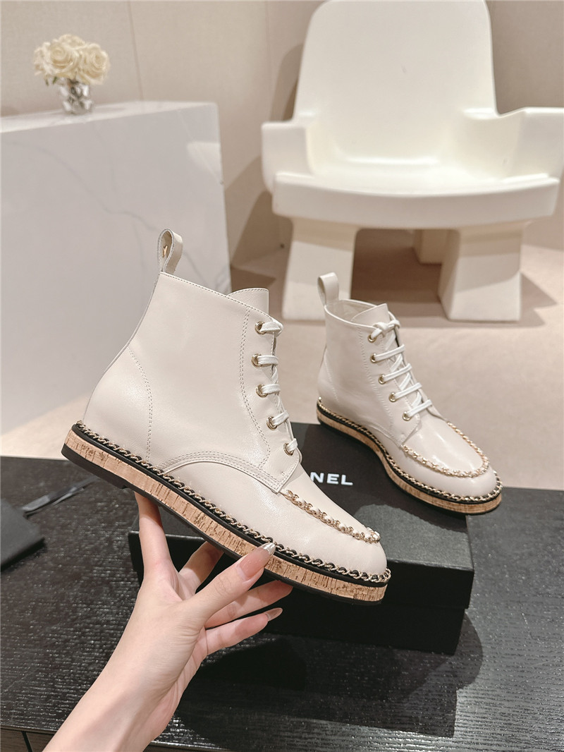 Ch**el lace-up calfskin flat ankle boots in white
