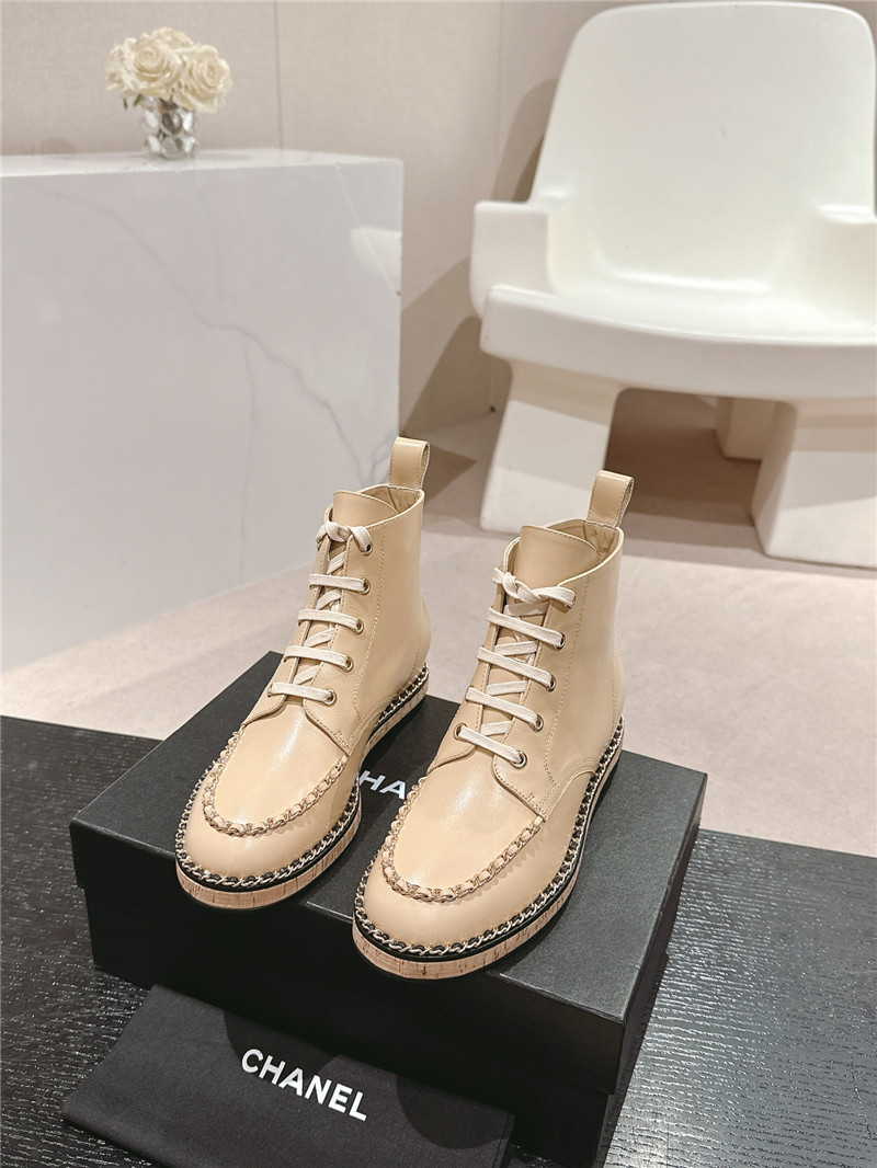 Ch**el lace-up calfskin flat ankle boots in beige