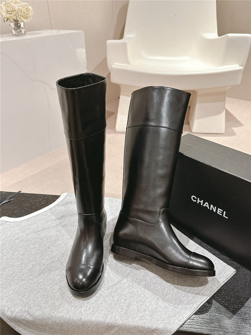 Ch**el black calfskin flat knee high boots