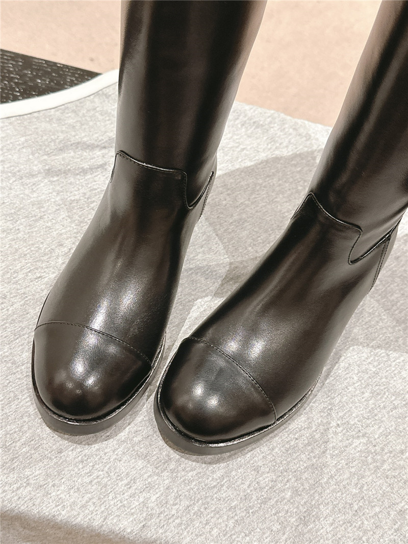 Ch**el black calfskin flat knee high boots