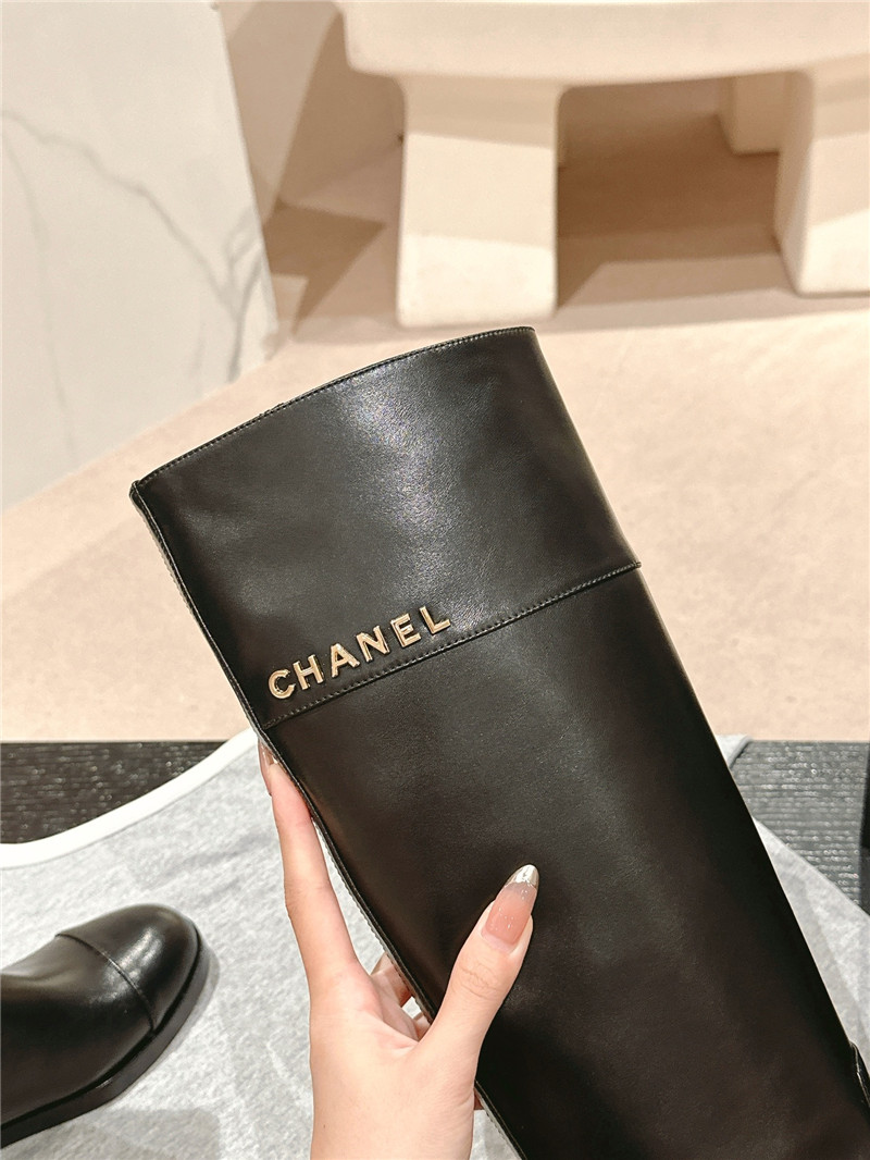 Ch**el black calfskin flat knee high boots