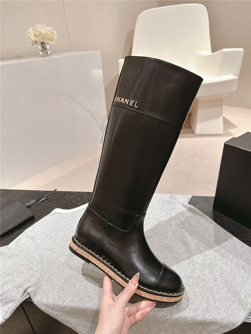 Ch**el calfskin flat knee high boots