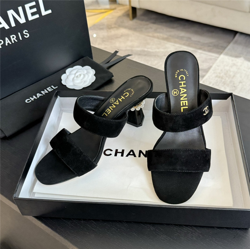 Ch**el pearl heel black suede mules