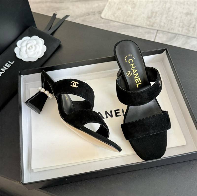 Ch**el pearl heel black suede mules