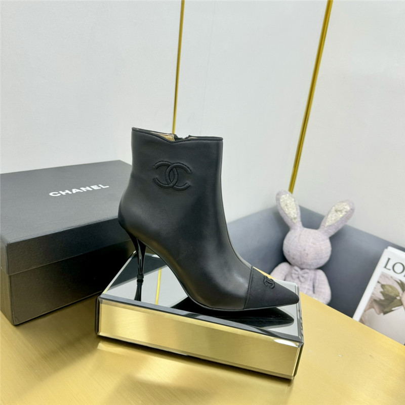 Ch**el calfskin pointed toe heel ankle boots