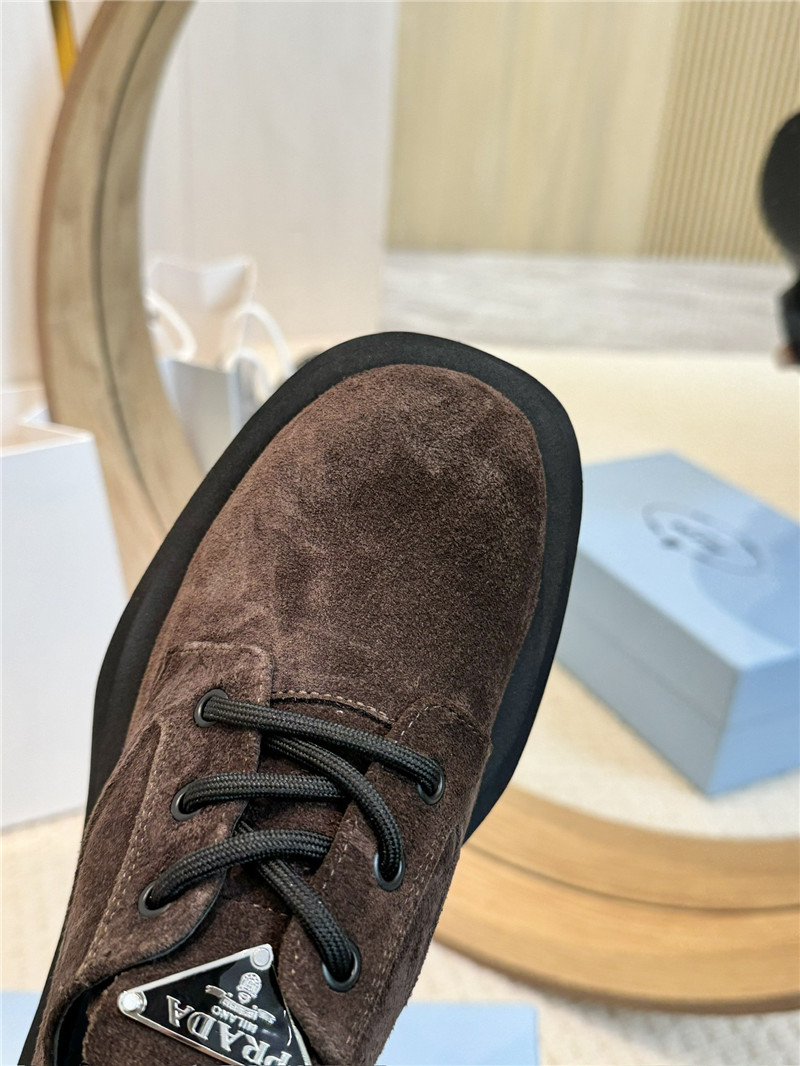 Pra*a brown suede leather triangle logo loafers