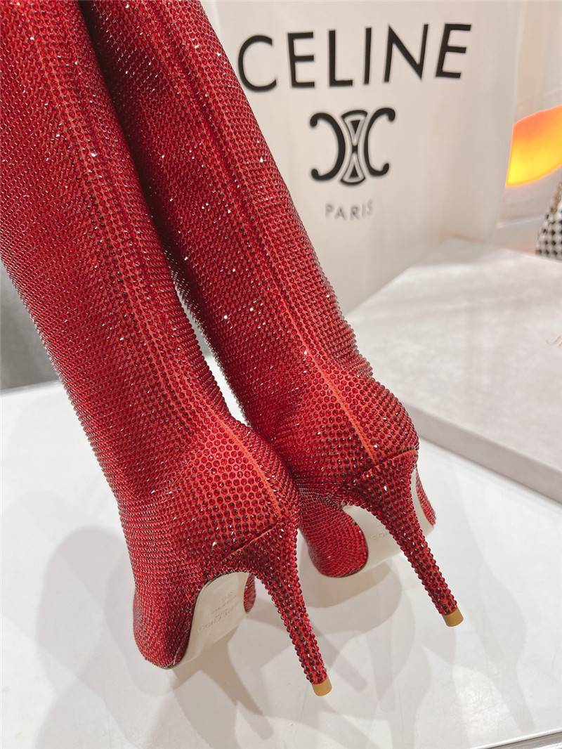 J1m*y Ch00 red rhinestone knee high boots