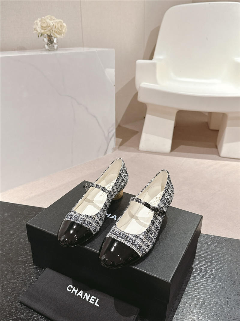 Ch**el black/white mary janes check tweed & calfskin